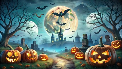 Fototapeta premium Spooky Halloween scene featuring carved pumpkins, bats, and a full moon over an eerie landscape with a haunted castle.