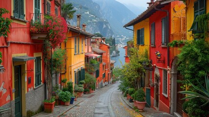 Obraz premium Charming cobblestone street adorned with colorful houses and blooming flowers in a lakeside village. Generative AI