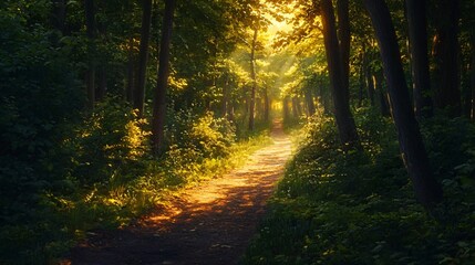 Fototapeta premium A path through the forest bathed in warm sunlight, leading to a mysterious end.