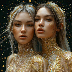 Two young beautiful women and astrological symbol of the horoscope Gemini