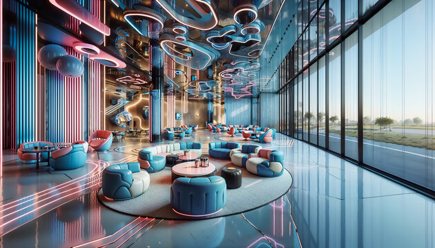 Futuristic Interior Design Lounge with Glass Wall and Bold Accents
