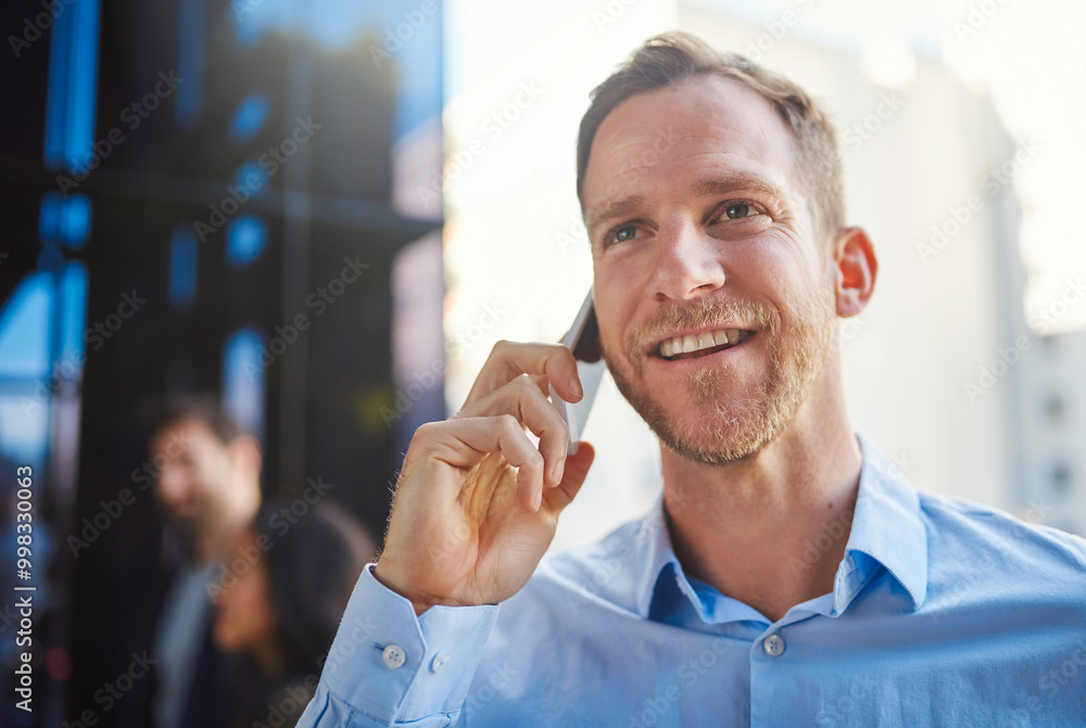 Aufkleber Business man, phone call and balcony with public relations worker and planning. City, working and mobile networking with professional and consultation for press release and chat about project