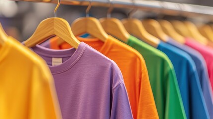 Fototapeta premium Colorful T-shirts Hanging on Wooden Hangers
