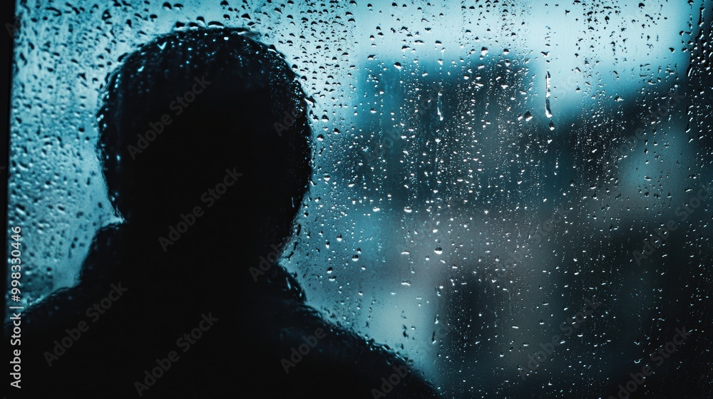 Poster Raindrops trickle down the glass as a solitary figure looks outside, enveloped in a moody atmosphere of introspection and solitude. Generative AI
