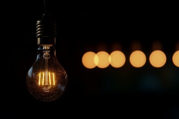 A photograph showcasing hanging light bulbs encased in brass wire and glass pendants, illuminated by soft lighting that enhances the elegant atmosphere. The blurred background adds depth, creating a v