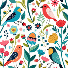Aesthetic Birds and Floral Whimsy Vector Pattern – Bright, Cheerful Nature Illustration