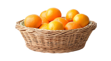 A woven basket filled of  various oranges.

