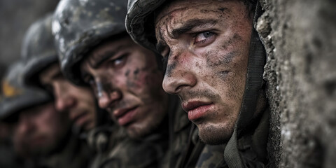 Fototapeta premium The Broken Hearts of Combatants: A group of soldiers, their faces etched with pain and exhaustion, lean against a crumbling wall.