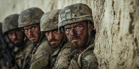 Obraz premium The Broken Hearts of Combatants: A group of soldiers, their faces etched with pain and exhaustion, lean against a crumbling wall.