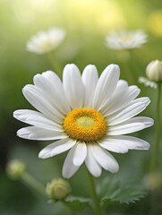 Obraz premium White Daisy with a Golden Center Against Soft Green Bokeh