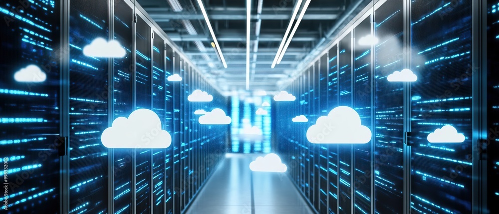 Poster a modern data center featuring rows of servers with cloud computing icons, symbolizing digital innov