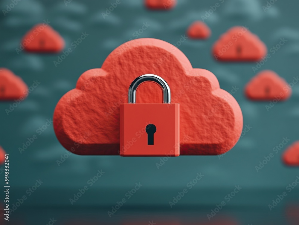 Poster a red cloud with a padlock symbolizing cybersecurity and data protection against online threats on a