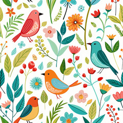 Aesthetic Birds and Floral Whimsy Vector Pattern – Bright, Cheerful Nature Illustration