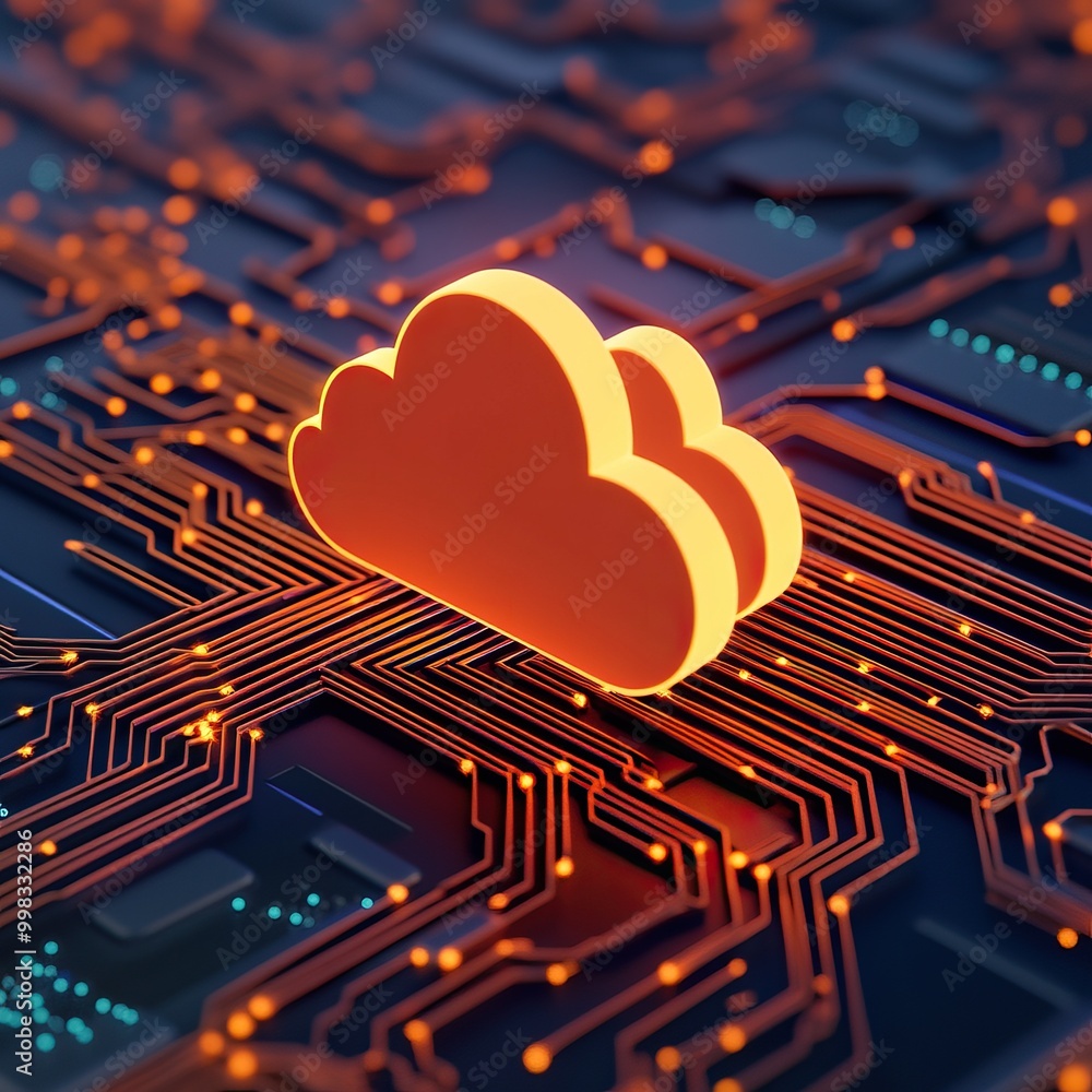 Poster a vibrant digital cloud icon on a circuit board background, symbolizing cloud computing and modern t