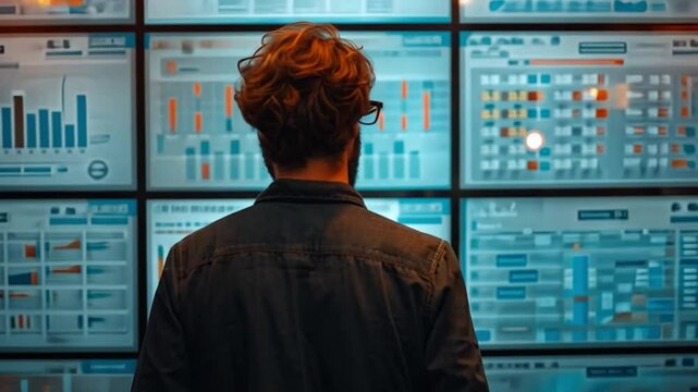 Person analyzing interactive data dashboards on multiple monitors in a modern office