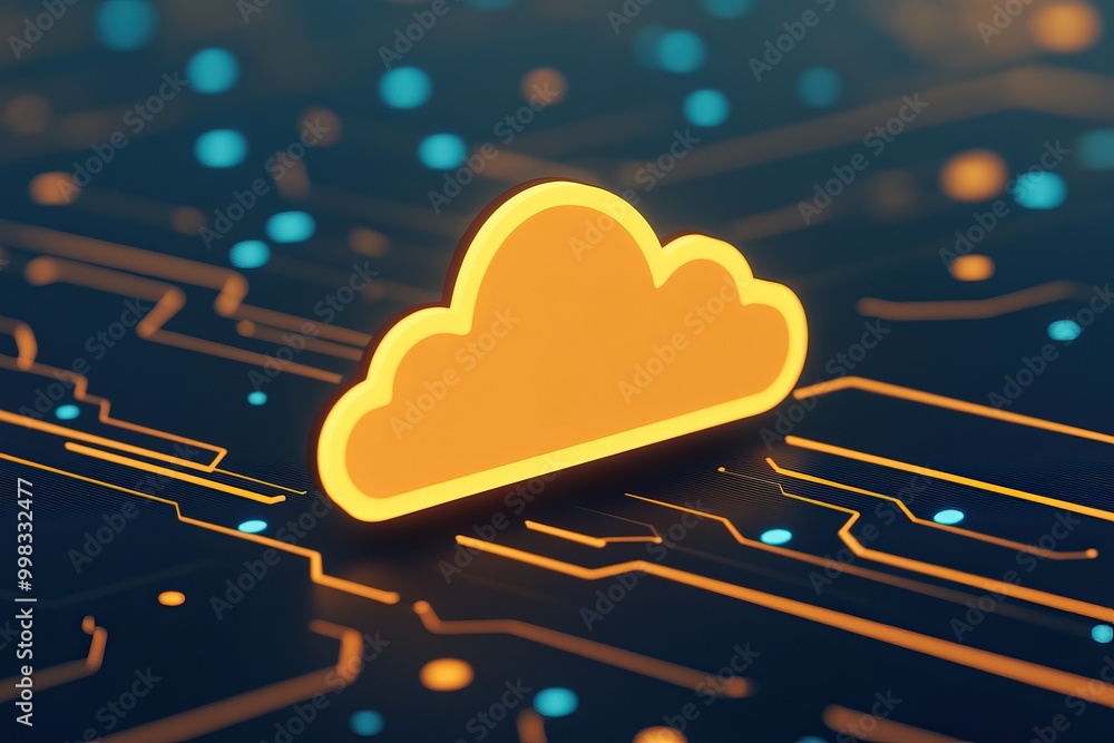 Poster an orange cloud icon set against a dark, digital background with glowing circuit patterns, symbolizi