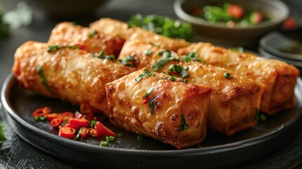 Crispy spring rolls arranged beautifully on a dark plate with fresh herbs and chili garnish at an evening gathering. Generative AI