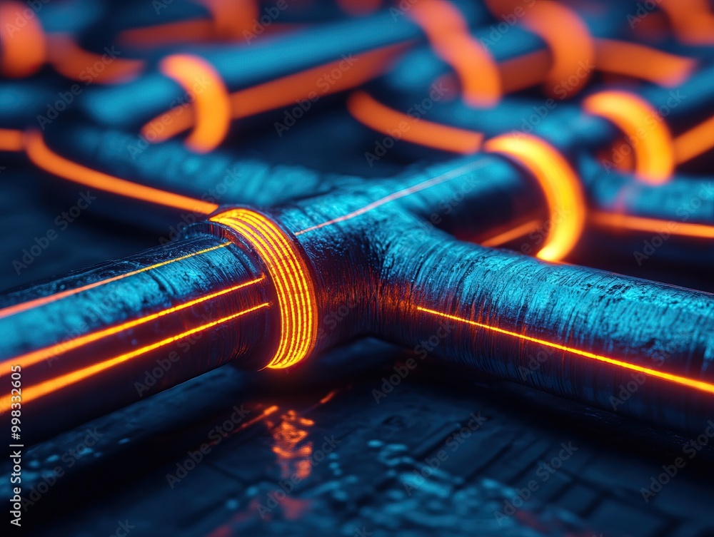 Poster close-up view of futuristic glowing circuits showcasing intricate designs and vibrant colors, illust