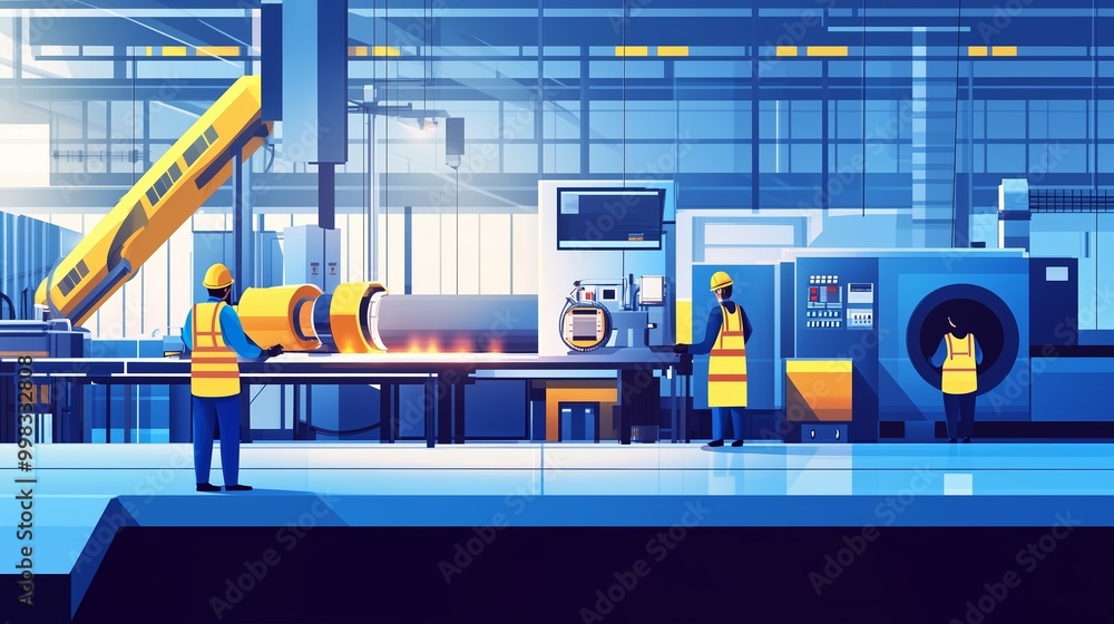 Poster workers in a large industrial facility engage in pipe processing while using modern technology and m
