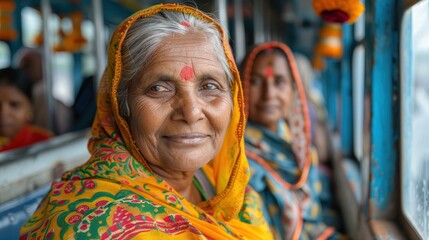 A joyful elderly woman in vibrant attire sits on a bus, sharing smiles and warmth during a lively journey. Generative AI