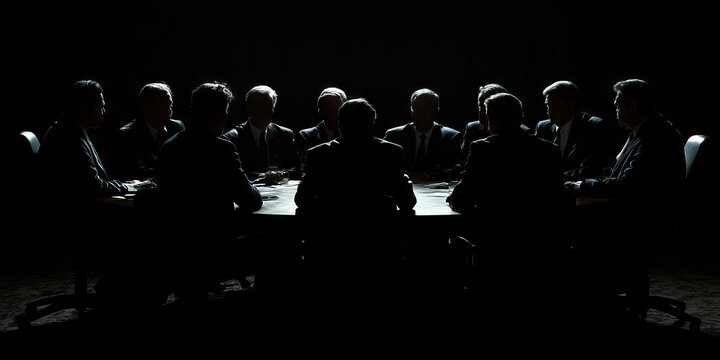 The Hidden Agenda: A group of powerful figures meeting in secret, huddled around a dark table, their faces concealed by shadows.