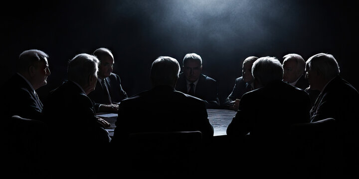 The Hidden Agenda: A group of powerful figures meeting in secret, huddled around a dark table, their faces concealed by shadows.