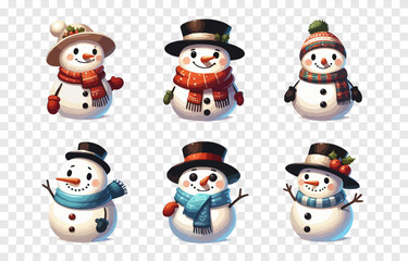Vector set of Christmas snowmen png. Snowman in cartoon style. Collection of Christmas characters on isolated transparent background.