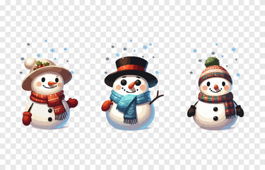 Vector set of Christmas snowmen png. Snowman in cartoon style. Collection of Christmas characters on isolated transparent background.
