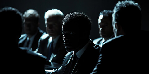 The Hidden Agenda: A group of powerful figures meeting in secret, huddled around a dark table, their faces concealed by shadows.