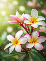 Obraz premium Pink and White Plumeria Against a Soft Green Bokeh