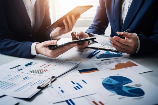 Consultants and an accounting lawyer examining a balance sheet on a tablet PC, engaged in discussion about stock market trends and annual tax law updates.