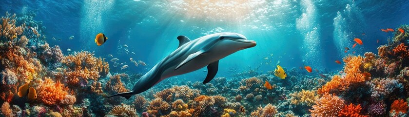 A mesmerizing dolphin ballet in vibrant coral reefs, showcasing playful interactions and colorful fish, underwater light filters