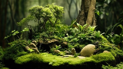Miniature Forest Scene with Moss, Trees, and Rocks