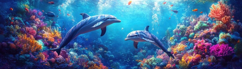 A mesmerizing dolphin ballet in vibrant coral reefs, showcasing playful interactions and colorful fish, underwater light filters