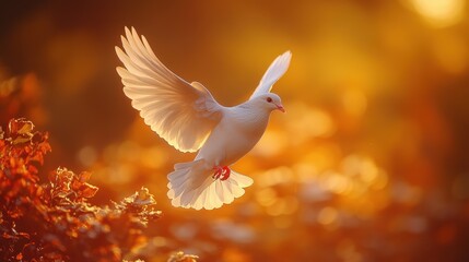 Photo of a dove flying against the sky,  feeling of peace and hope 