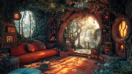 A whimsical living room embedded in a fantastical forest, magical creatures peeking through the windows, ethereal glow