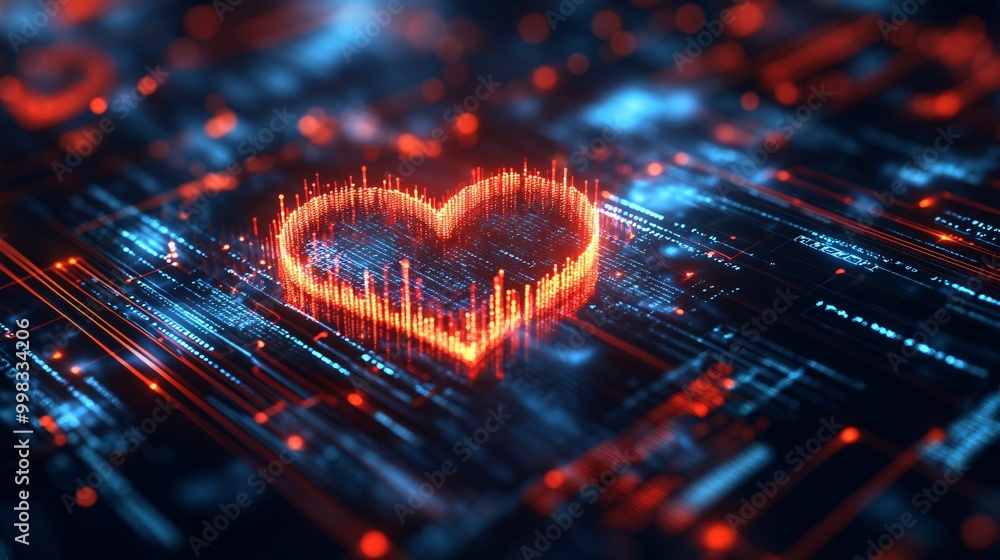 Poster digital heart symbol with glowing red lights on a futuristic circuit board background