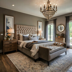A large bedroom with a bed, nightstands, and a chandelier