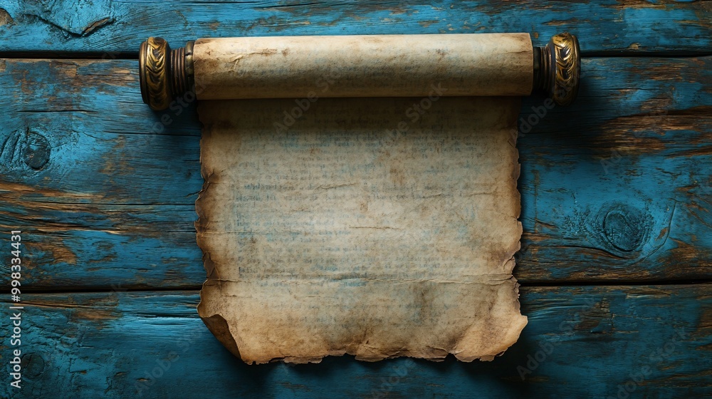 Poster ancient scroll on weathered blue wooden table with textured background