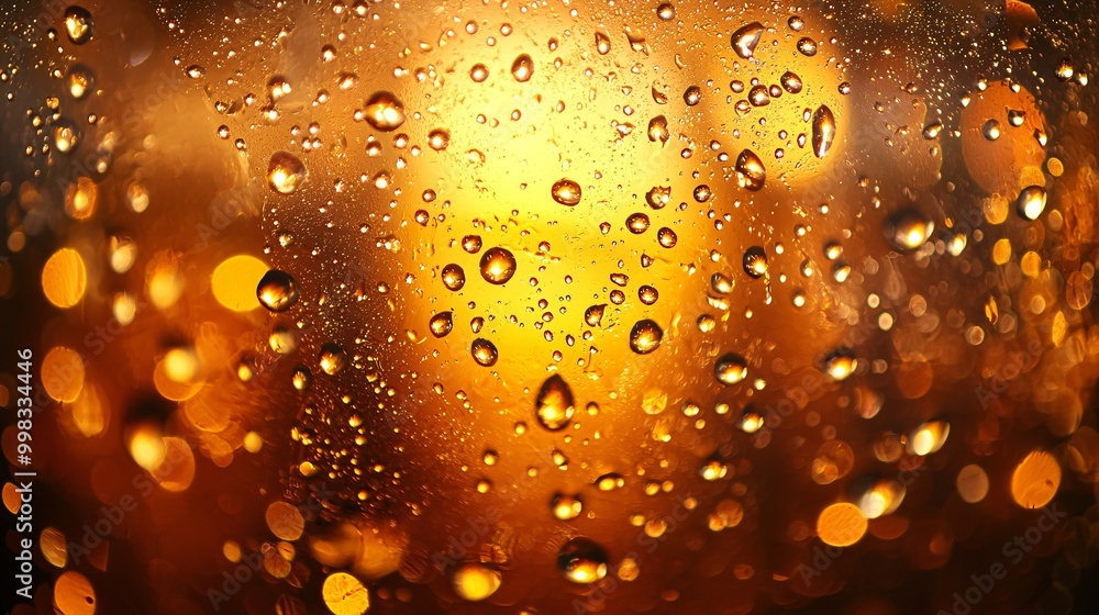 Poster golden bokeh background with water droplets on glass creating a warm and abstract artistic effect
