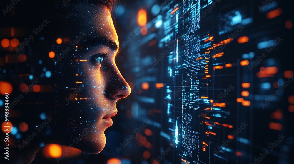 Aufkleber futuristic concept of artificial intelligence with human profile and digital data visualization