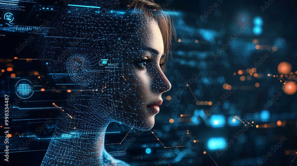 Aufkleber futuristic digital human face with data points and network connections in a high-tech environment