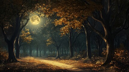Fototapeta premium A pathway through a mystical forest bathed in the soft glow of a full moon.