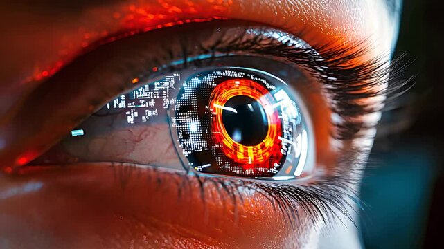 Cybernetic eye with a glowing red iris, showcasing advanced technology, artificial intelligence, and futuristic biometric surveillance systems.

