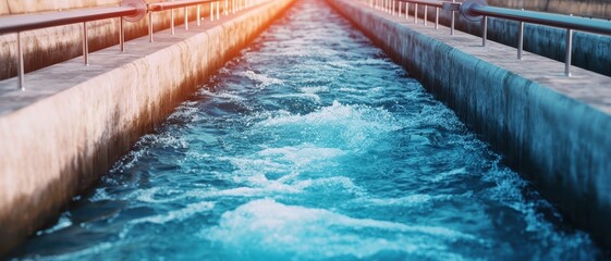 Obraz premium Flowing water in a canal with sunlight reflections, showcasing nature's beauty.