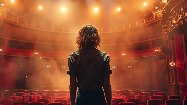 Dramatic theater stage with spotlight on lone performer amidst smoke and lights