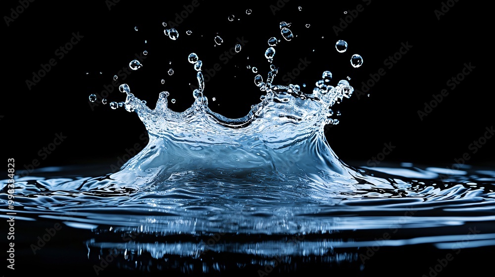 Poster high-speed capture of water splash on black background with droplets in motion