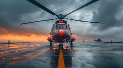 A striking rescue helicopter on a stormy helipad at sunset, showcasing a dramatic sky and reflective surface. Generative AI