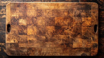 Rustic Wooden Cutting Board on Dark Wooden Surface with Natural Texture and Grain Patterns