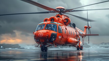 A majestic orange helicopter takes off in dramatic weather over a breathtaking mountainous landscape. Generative AI